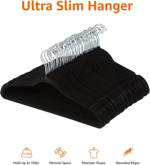 Amazon Basics Slim, Velvet, Non-Slip Suit Clothes Hangers, Black/Silver - Pack of 30