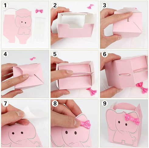OurWarm 50pcs Cute Elephant Baby Shower Favor Boxes, 3D Large Baby Girl Gift Candy Boxes with Pink Bowtie for Baby Shower Party Supplies Baby Girls Birthday Decorations (Pink)