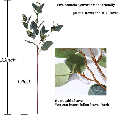 Eucalyptus Leaves Green Branches 5 Pcs Faux Stems Greenery Artificial Eucalyptus Plants Home Decor Long Oval Eucalyptus with Little Berry for Floral Arrangement Vase Bouquet Decor - Gray