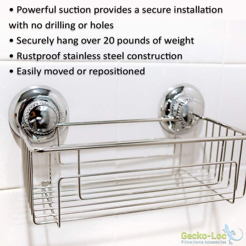 Gecko-Loc Super Suction Cup Shower Caddy Bath Wall Shelf, Large Deep Bathroom Shampoo, Conditioner and Bath Gel Caddy Organizer - Kitchen Storage Basket - Rustproof Stainless Steel Silver Finish