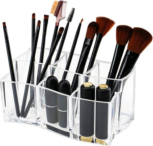 Yarlung 2 Pack Acrylic Makeup Brushes Holder, 6 Slots Clear Cosmetic Organizer Eyebrow Pencils Holder Multi-Purpose Desk Sundry Case for Lipsticks, Liners, Bathroom Vanity, Dresser, Curved Edge