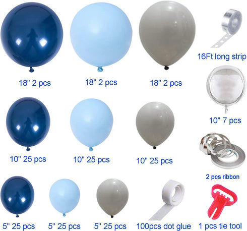 Wecepar 168pcs DIY Balloons Garland with Night Blue Macaron Blue Metallic Sliver Grey Balloon Arch Garland For Jungle Safari Theme Party Woodland , Weddings , Birthday Parties , Baby shower Party Decorations
