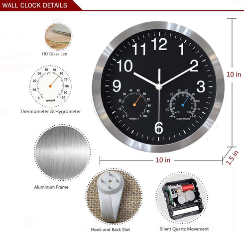 Fzy.bstim Non Ticking Silent Wall Clocks Battery Operated,10 Inch Quality Quartz Analog Wall Clock with Thermometer and Hygrometer,Decorative for Kitchen,Living Room,Bathroom,Office,Garage(Black)