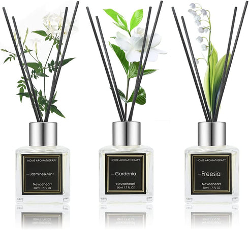 NEVAEHEART Reed Diffuser Set, Gardenia/Freesia/Jasmine & Mint, 1.7OZ x 3 Packs Reed Diffuser, Oil Diffuser Sticks, Home Fragrance Products, Fragrance Diffuser with Gift Box