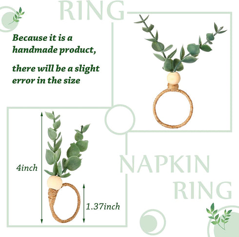 6 Pieces Eucalyptus Napkin Rings Handmade Wooden Beads Rustic Farmhouse Napkin Rings Set of 6 Home Decor Faux Greenery Napkin Holders for Weddings Family Gatherings Party