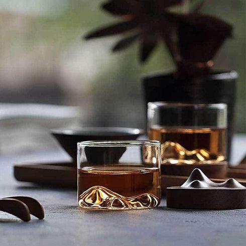 Whiskey Glass Mountain Fuji Style Wine Glass Teacups with Wooden Bottom - Infusing Coffee, Milk, Tea