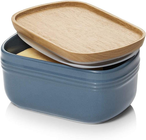 DOWAN Porcelain Butter Dish, Extra Large Butter Dish with Cover, Airtight Butter Dish with Wooden Lid, Farmhouse Butter Container for East West Coast Butter, Freezer Safe, Airy Blue