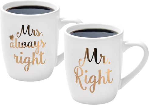 Mr and Mrs Mugs - Mr Right Mrs Always Right Coffee Mug - Couple Engagement Gift for Valentines, Bride Groom, Husband Wife - Mug Set for Christmas, Anniversary, Birthday 12 Oz