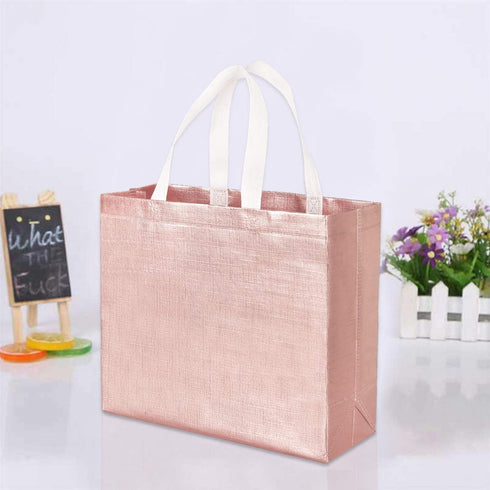12 PCS Glossy Reusable Grocery Shopping Bags Stylish Tote Bags with Handle Non-woven Gift Bags Bridesmaids Bags Goodies Bag for Women Bridesmaid Birthday Party Wedding Christmas (Rose Gold)