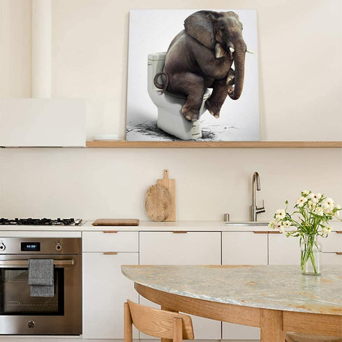Chucoco Oil Paintings on Canvas Funny Elephant Sitting on the Toilet Abstract Wall Art Print with Framed Ready to Hang, Living Room Kitchen Bedroom Home Decorations 16x16 inch