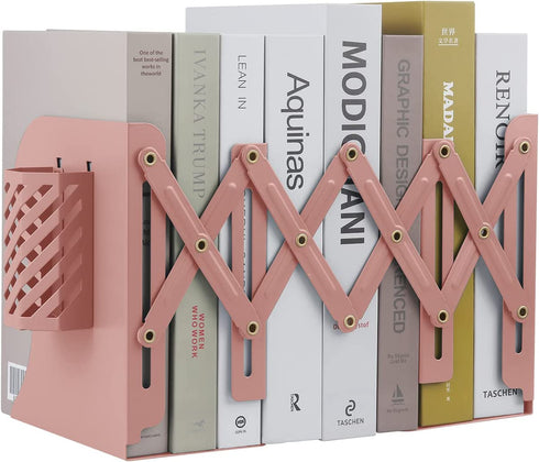 Expandable Bookend, Extra Long Telescopic Size Adjustable Bookends with Pen Holder, Metal Bookends Holder for Heavy Duty Books, Book Ends for Shelves & Office, Pink
