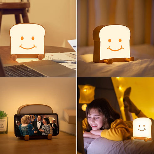 Cute Toast Night Light, Bread LED Night Lamp, Rechargeable, Timer and Dimmable, Portable Bedside Nightlight with Mobile Phone Stand, for Teens Girl Boy Children Kid College Student, Birthday Gift