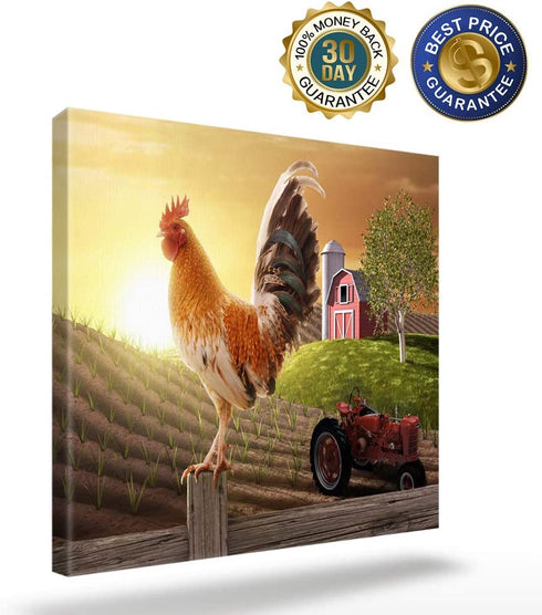 Farm Animal Bathroom Decor Canvas Wall Art Painting,Chicken Cock Rooster Stand on Wood Stake in Farmland Canvas Prints Artwork Home Decor for Living Room, Kitchen, Office, Framed Ready to Hang
