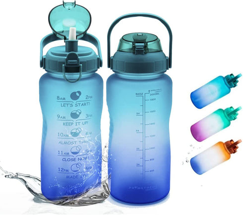 Prometheuz 64oz Motivational Water Bottle with Time Marker & Removable Straw. Leakproof Tritan BPA Free Water Jug for Fitness, Gym and Outdoor Sports, Blue Purple