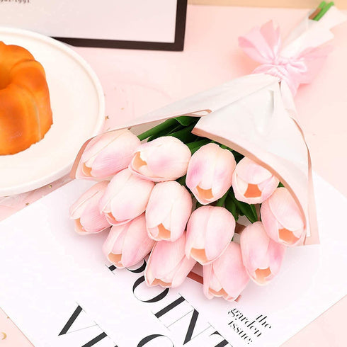 Cloudecor 20Pcs Artificial Tulips Real Touch Artificial Flowers Fake Tulip Latex Bouquet Flower for Wedding Party Home Garden Office DIY Floral Arrangement Decor (Pink - 20p)