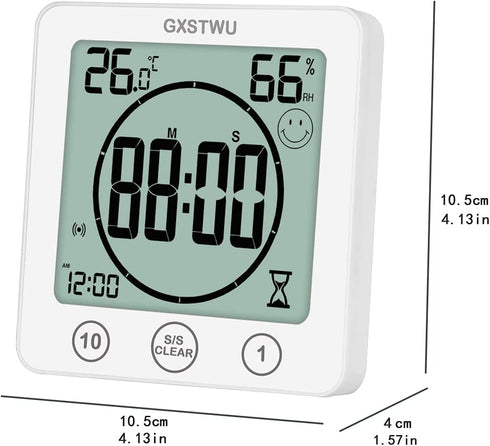 HD Digital Shower Clock with Timer Thermometer Hygrometer?Waterproof for Water Spray? Touch Button Bathroom Kitchen Wall Clock with Magnet, Suction Cup, Hanging Hole, Stand GXSTWU(1pack)