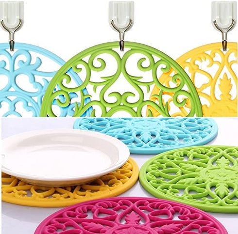 Silicone Trivet ME.FAN 3 Set Silicone Trivet Mat - Multi-Use Intricately Carved Insulated Flexible Durable Non Slip Coasters (Deep Blue)