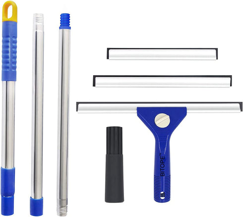 BITOPE 59" Long-Handled Window Squeegee with 3 Replaceable Water Squeegee Blades(8",10",12"), Removable Extension Pole Window Cleaner Squeegee for Shower Glass Door, Car Window, Window, Tile(Blue)