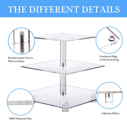 YestBuy 3 Tier Square Cupcake Stand - Premium Cupcake Holder - Acrylic Cupcake Tower Display - Cady Bar Party D©cor + LED Light String - Ideal for Weddings, Birthday Parties( Blue Light)