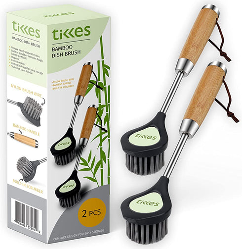 TIKKES Kitchen Dish Brush with Bamboo Handle, Scrub Brush for Pans and Pots, Bath Scrubber, Floor Cleaner, Pack of 2