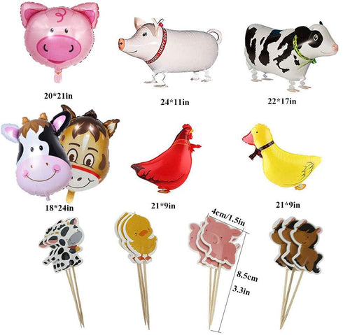 53Pcs Farm Birthday Party Supplies for Kids Barnyard Farm Animal Theme Party Decorations Animal Birthday Banner Farm Animal Walking Balloons Cow Print Balloons Cupcake Toppers Set for Boys Girls