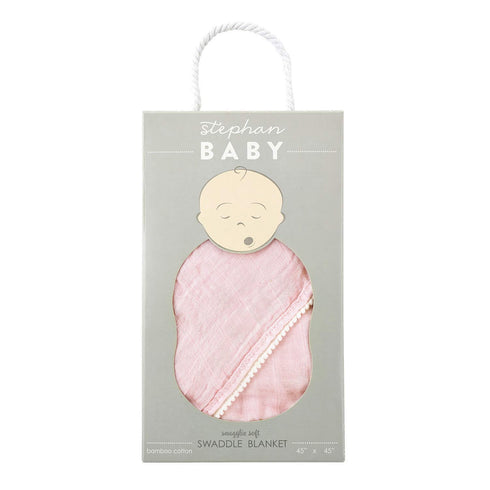 Stephan Baby Cotton + Viscose Swaddle Blanket, 45" x 45", Pink with Micro Pompom Trim