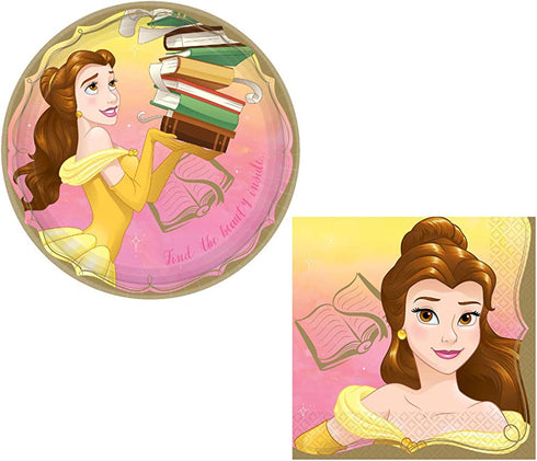 Beauty and The Beast's Belle Themed Party Supplies: Bundle Includes Round Dinner Plates and Napkins for 16 People