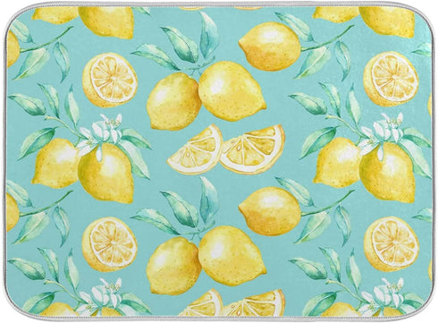 Absorbent Dish Drying Mat for Kitchen Counter - Yellow lemon teal background Microfiber Drying Pad, Reversible Drainer Mats for Countertop, Large 16 x 18 inch