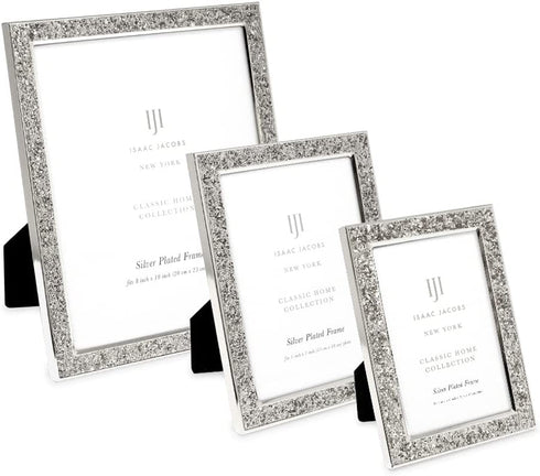 Isaac Jacobs 4x6 Silver Metal Glitter (Vertical & Horizontal) Picture Frame, with Black Fabric Easel, Wall-Mountable, Made for Tabletop, Counterspace, Shelf and Desk (4x6, Silver Glitter)