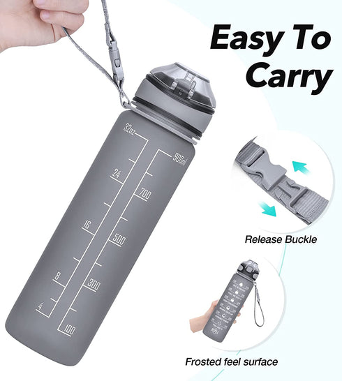 Water Bottle 32oz with Straw, Motivational Water Bottle with Time Marker & Buckle Strap,Leak-Proof Tritan BPA-Free, Ensure You Drink Enough Water for Fitness, Gym, Camping, Outdoor Sports