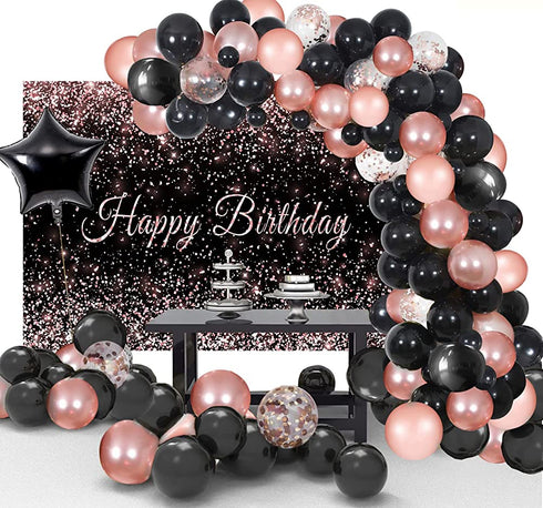 Toylin Rose Gold Black Birthday Decorations, Black Rose Gold Birthday Photography Backdrop Banner for Boys Girls Men Women Birthday Party Decorations Supplies
