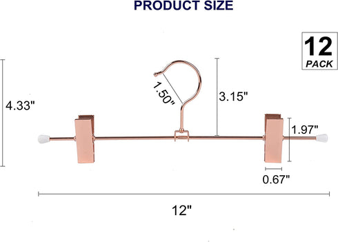 Amber Home 12 Pack Rose Copper Gold Metal Pants Skirt Hangers with Clips, Adjustable Clip Metal Trouser Hangers, Clip Hangers for Jeans Pants Heavy Duty (12 Pack)