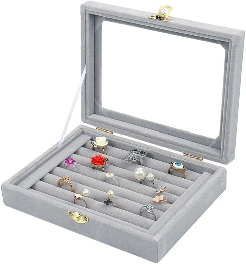 Velvet Glass Jewelry Ring Display Stand Storage Box Ring Earrings Jewelry Box Ring Holder Case (Grey)