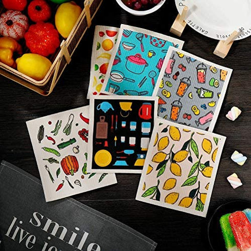 Swedish Kitchen Towels Reusable Fresh Fruit Pattern Sponge Cleaning Cloths Absorbent Dish Cloth Hand Towel for Kitchen Cleaning Wipe, 6 Styles (6 Pieces)