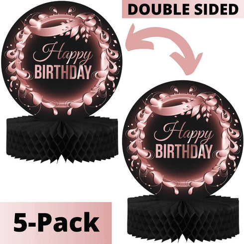 Birthday Table Centerpiece Decorations -5-Pack Double Sided Cardstock & Tissue Paper Honeycomb Happy Birthday Decoration - 12 Rose Gold Birthday Party Decorations Centerpieces for Table Decorations