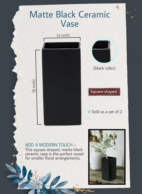 Serene Spaces Living Set of 2 Square Matte Black Ceramic Vase Modern Black Square Vase Adds a Sleek Look to Any Space, Use for Home D©cor, Event Centerpieces and Much More, 3 SQ x 6 H
