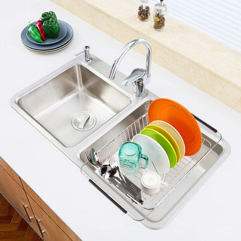 SANNO Over The Sink Expandable Dish Drying Rack, Dish Drainer,Dish Rack Dish Drainer Rack Plate Holder Basket in Sink or On Counter with Utensil Silverware Storage Holder, Rustproof Stainless Steel