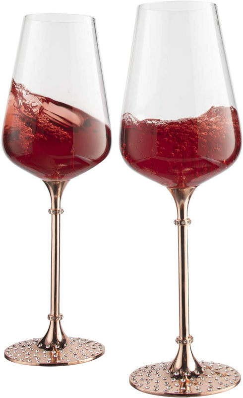 Rose Gold Diamond Studded Wine Glasses - Set of 2 - 15 Ounce, Premium Designed Wine Glasses for Spirits and Wine, Gift Boxed By The Wine Savant