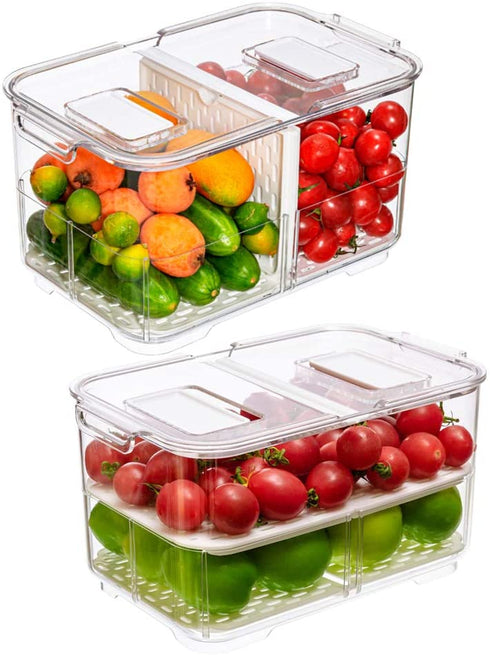 Slideep Food Storage Containers Fridge Produce Saver, Stackable Refrigerator Organizer Keeper Foldable lid with Removable Drain Tray for Produce, Fruits, Vegetables 2800 ml - 2 Pack