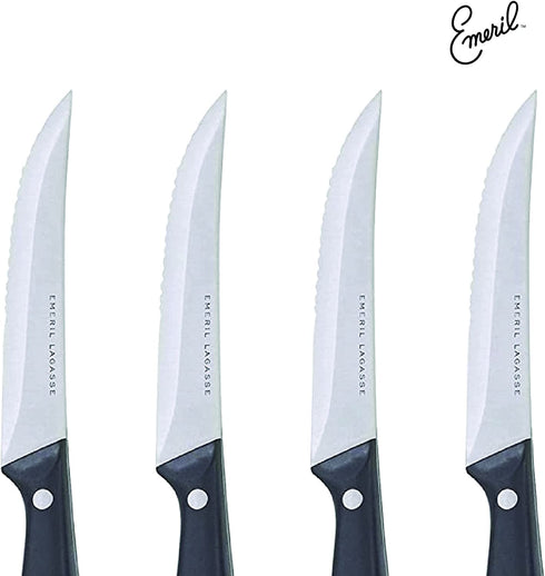 Emeril Lagasse Steak Knife Set of 8, 4.5? Stainless Steel Serrated Blades, Premium Kitchen Steak Knife Set with Black Handles