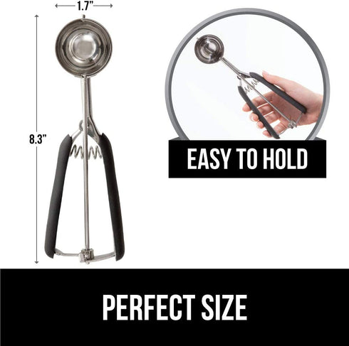 Gorilla Grip Premium Stainless Steel, Spring-Loaded Scoop for Fruit, Cookie and Ice Cream, Easy Squeeze and Clean Release, Comfortable Handle, Medium, 2 TBSP Scooper Size 30, Uniform Portions, Gray