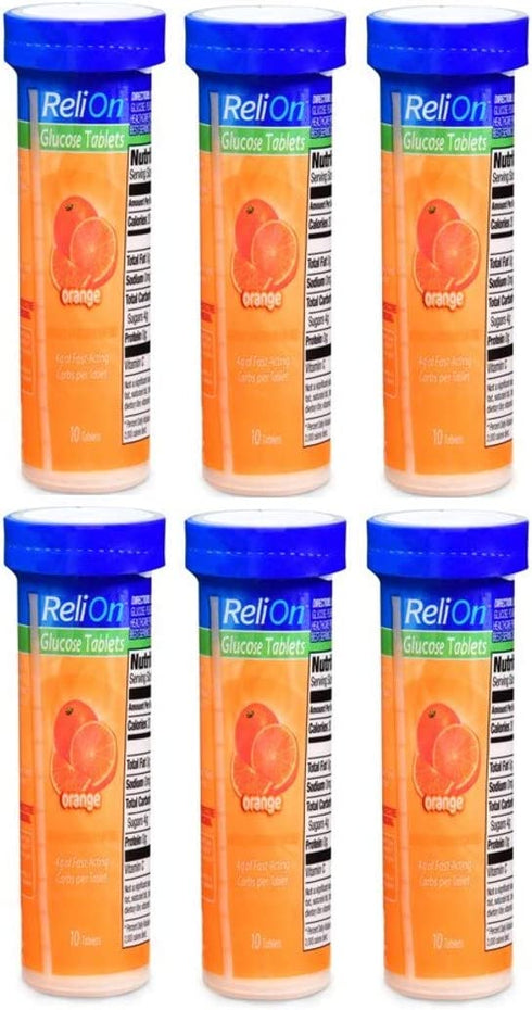 ReliOn Orange Flavor Glucose Tablets - 6 Pack of 10 Tablets Tube