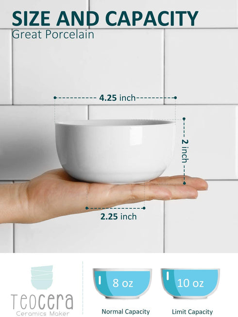 Teocera 10 Ounce Small Bowls, Dessert Bowls, Porcelain Ice Cream Bowls for Kitchen, White Bowls Set, Small Serving Bowls for Rice, Side Dishes, Dipping - Set of 6