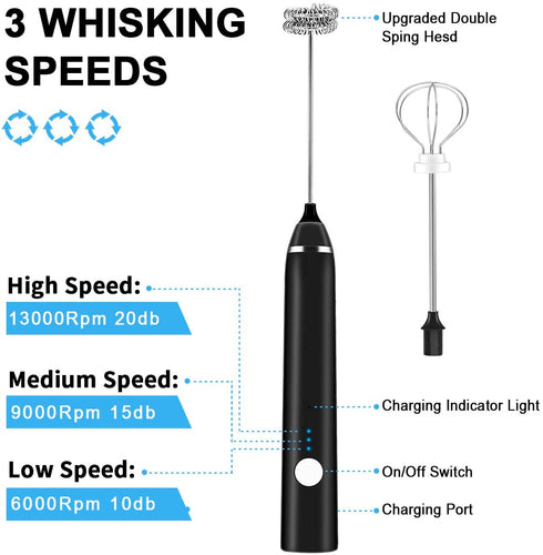 Milk Frother, Rechargeable hand-Held Electric Milk Frother 3 Adjustable USB Charging Can Be Used forBulletproof Coffee Protein Drinks Matcha Coffee Whisk (Black)