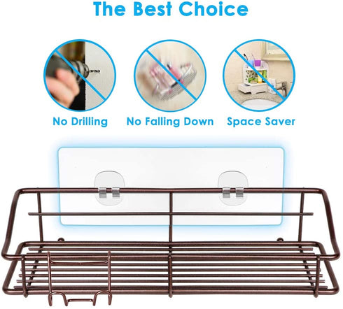 Nieifi Shower Caddy Shelf Storage Rack Adhesive Without Drilling Stainless Steel with Hooks for Washroom, Lavatory, Restroom, Toilet, Bathroom, Kitchen - 2 Pack Bronze