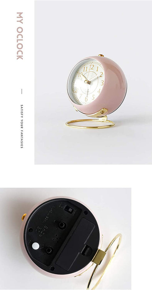 SHISEDECO Small Table Clocks, Classic Non-Ticking Tabletop Alarm Clock with Backlight, Battery Operated Desk Astronaut Clock with HD Glass for Living Room Bedroom Bedside Indoor Decor (Pink)