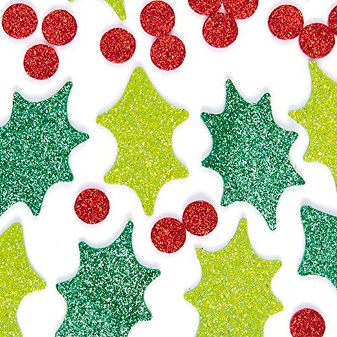 Baker Ross EX729 Holly and Berry Glitter Foam Stickers - Pack of 200, for Kids to Decorate Christmas Cards and Collage