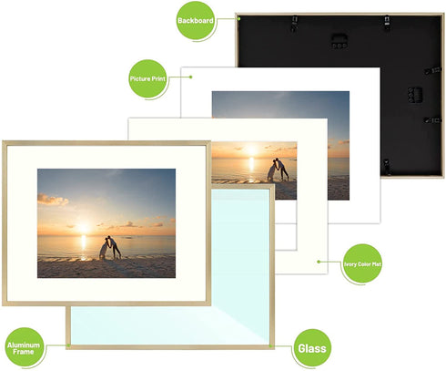 Golden State Art 11x14 Picture Frame Gold Aluminum (Shiny Brushed) Display Pictures 8x10 with Mat or 11x14 Without Mat Wall Mounting Real Glass Metal Photo Frame
