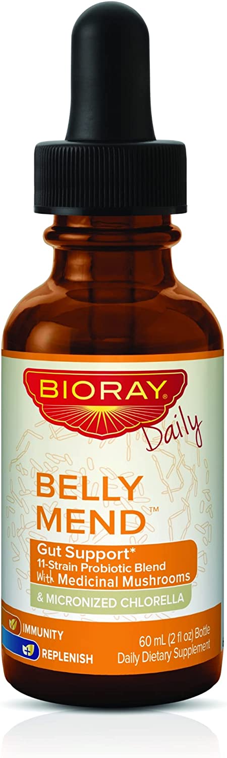 BIORAY Daily Belly Mend - 2 fl oz - 11-Strain Probiotic Blend with Medicinal Mushrooms - Supports Healthy Gut & Bowel Functions - Non-GMO, Vegetarian, Gluten Free