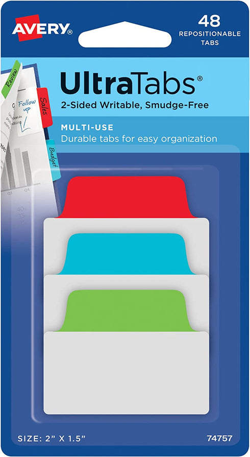Avery Multiuse Ultra Tabs, 2" x 1.5", 2-Side Writable, Red/Blue/Green, 48 Repositionable Tabs (74757)